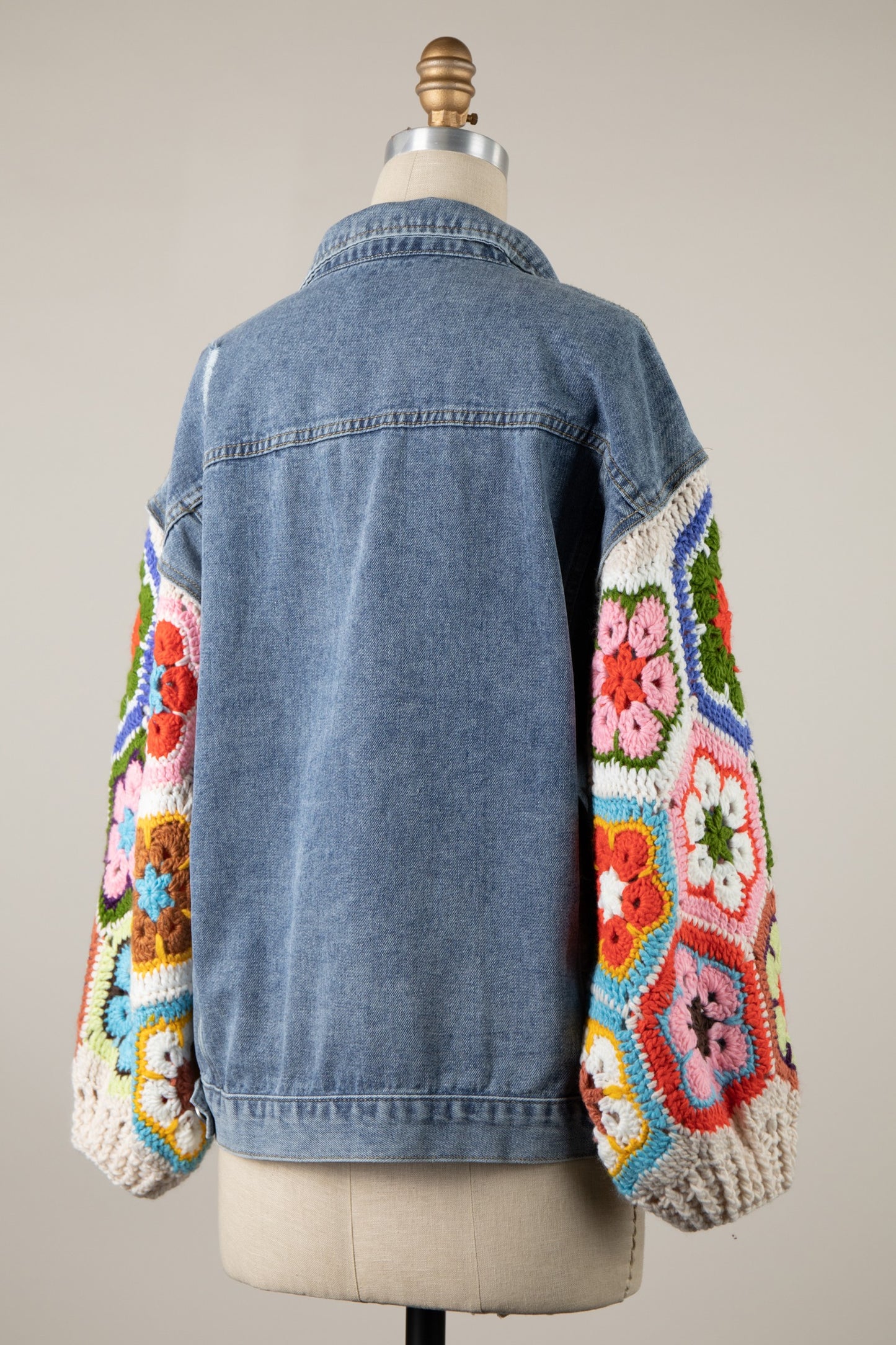 DENIM JACKET FLOWER GRANNY SQUARE CROCHET SLEEVES