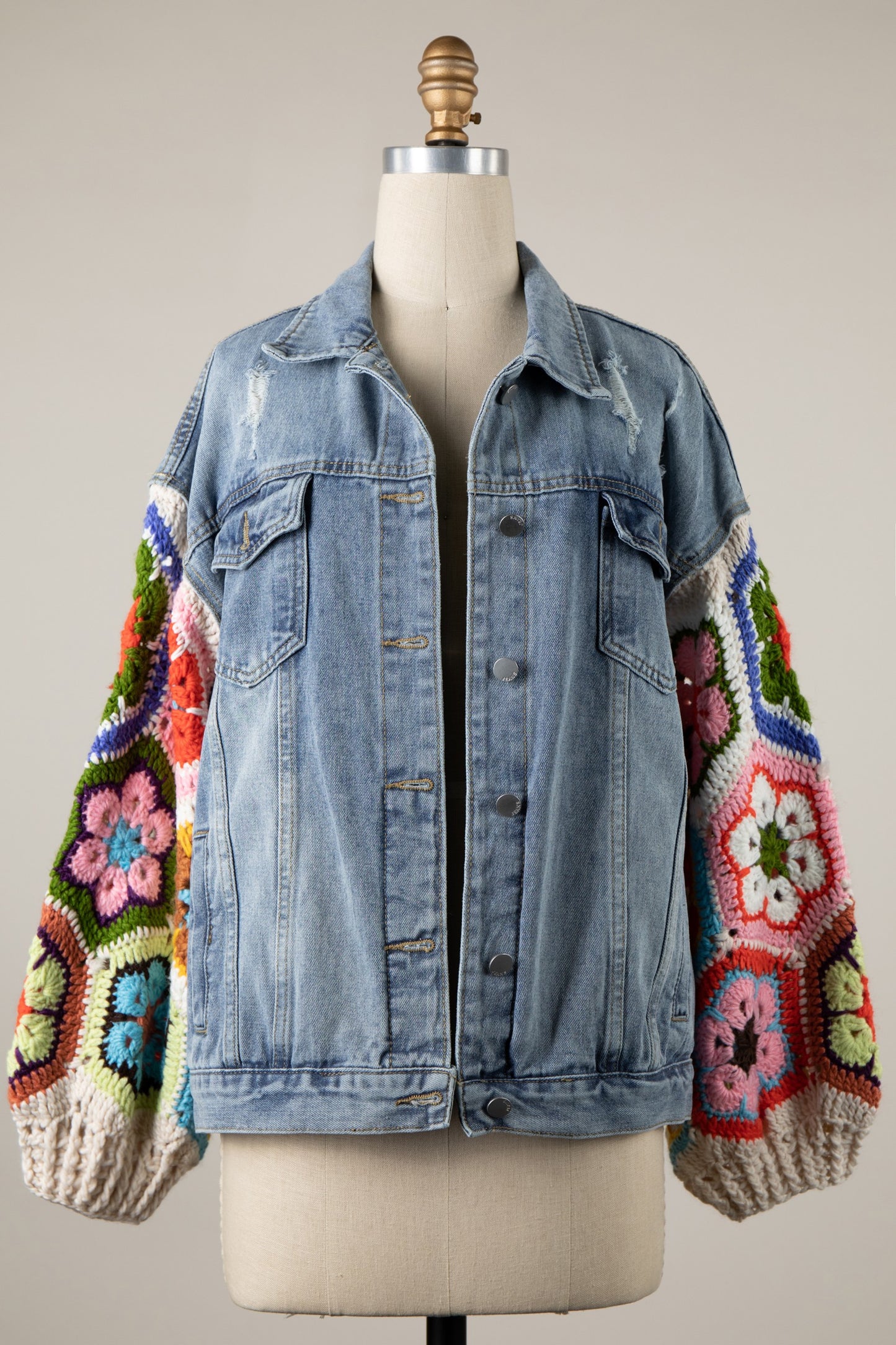 DENIM JACKET FLOWER GRANNY SQUARE CROCHET SLEEVES