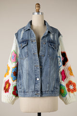 DENIM JACKET FLOWER GRANNY SQUARE CROCHET SLEEVES