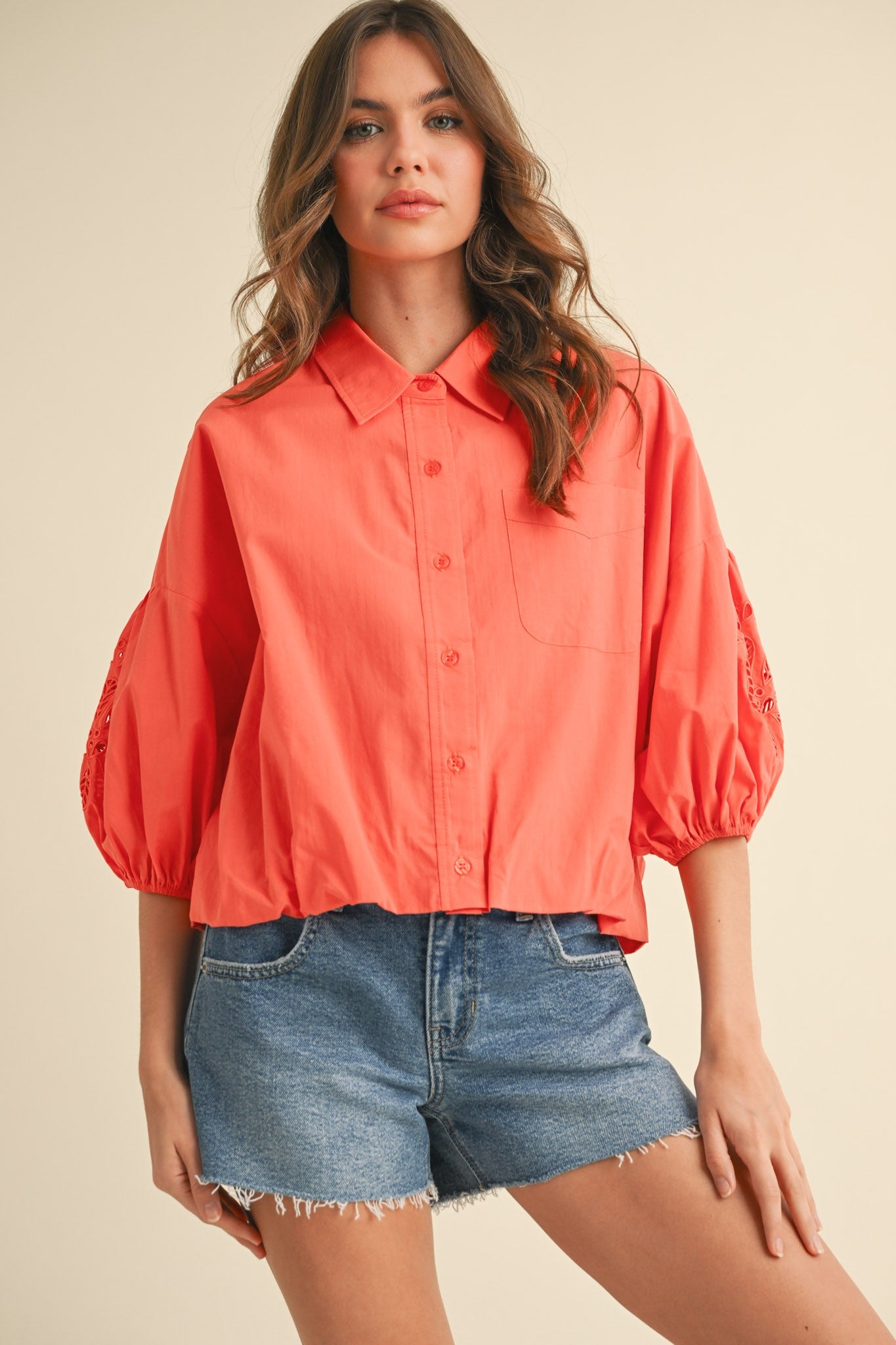 CUT OUT EMBROIDERED BUBBLE SLEEVE TOP