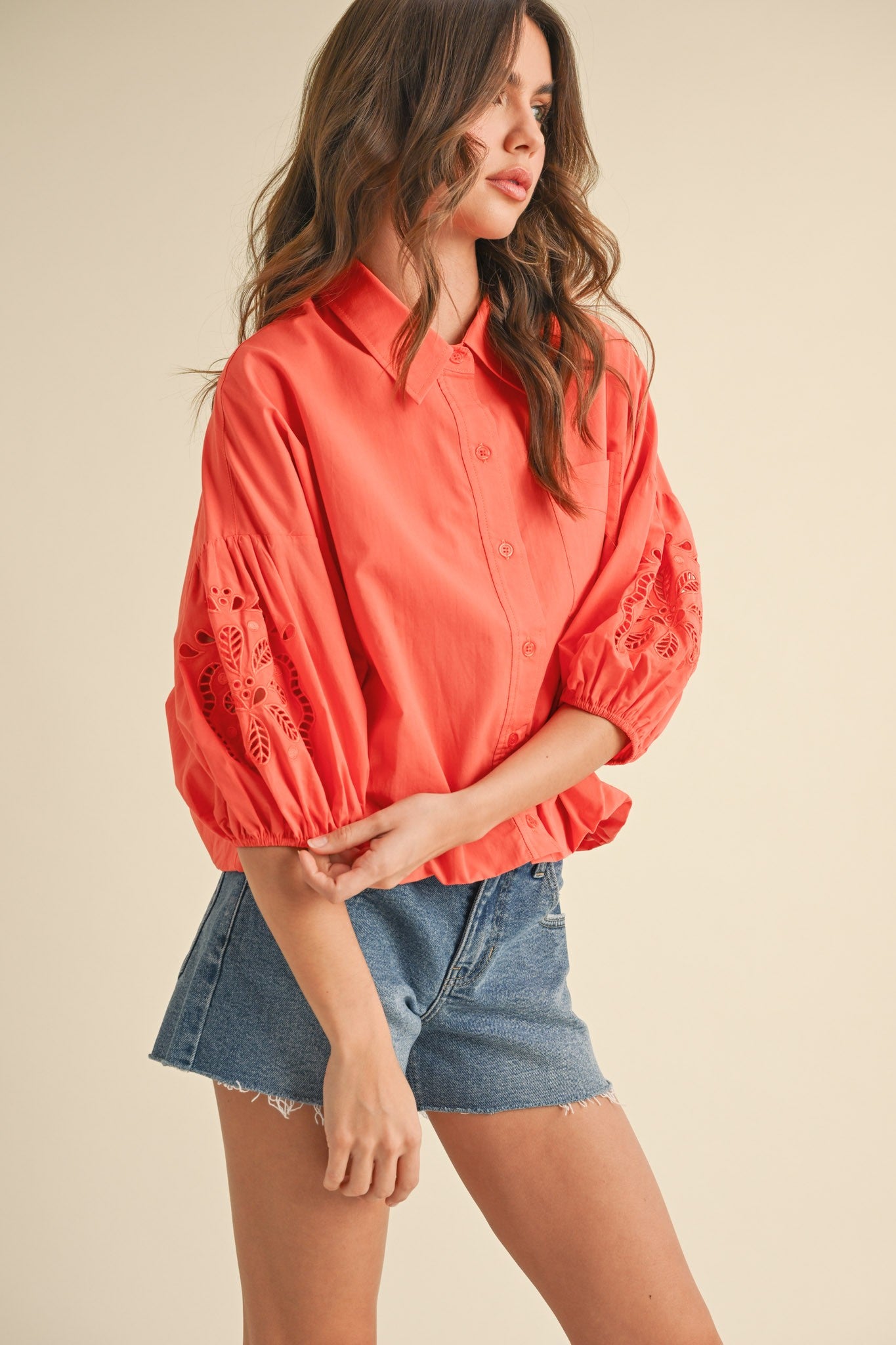 CUT OUT EMBROIDERED BUBBLE SLEEVE TOP