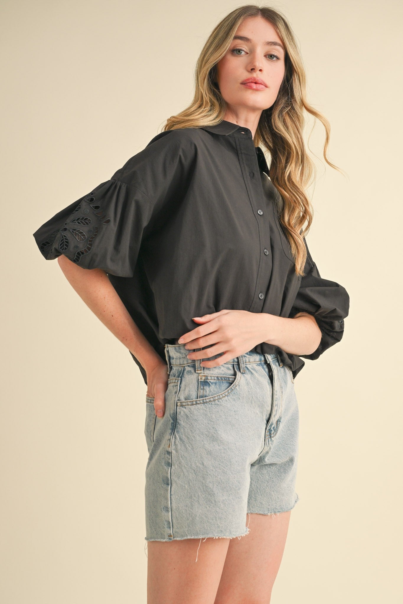 CUT OUT EMBROIDERED BUBBLE SLEEVE TOP