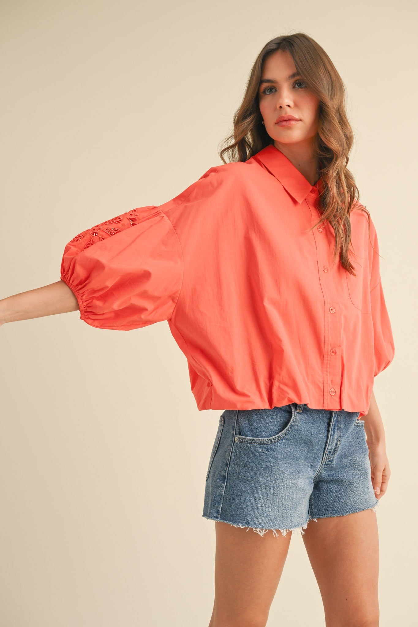 CUT OUT EMBROIDERED BUBBLE SLEEVE TOP