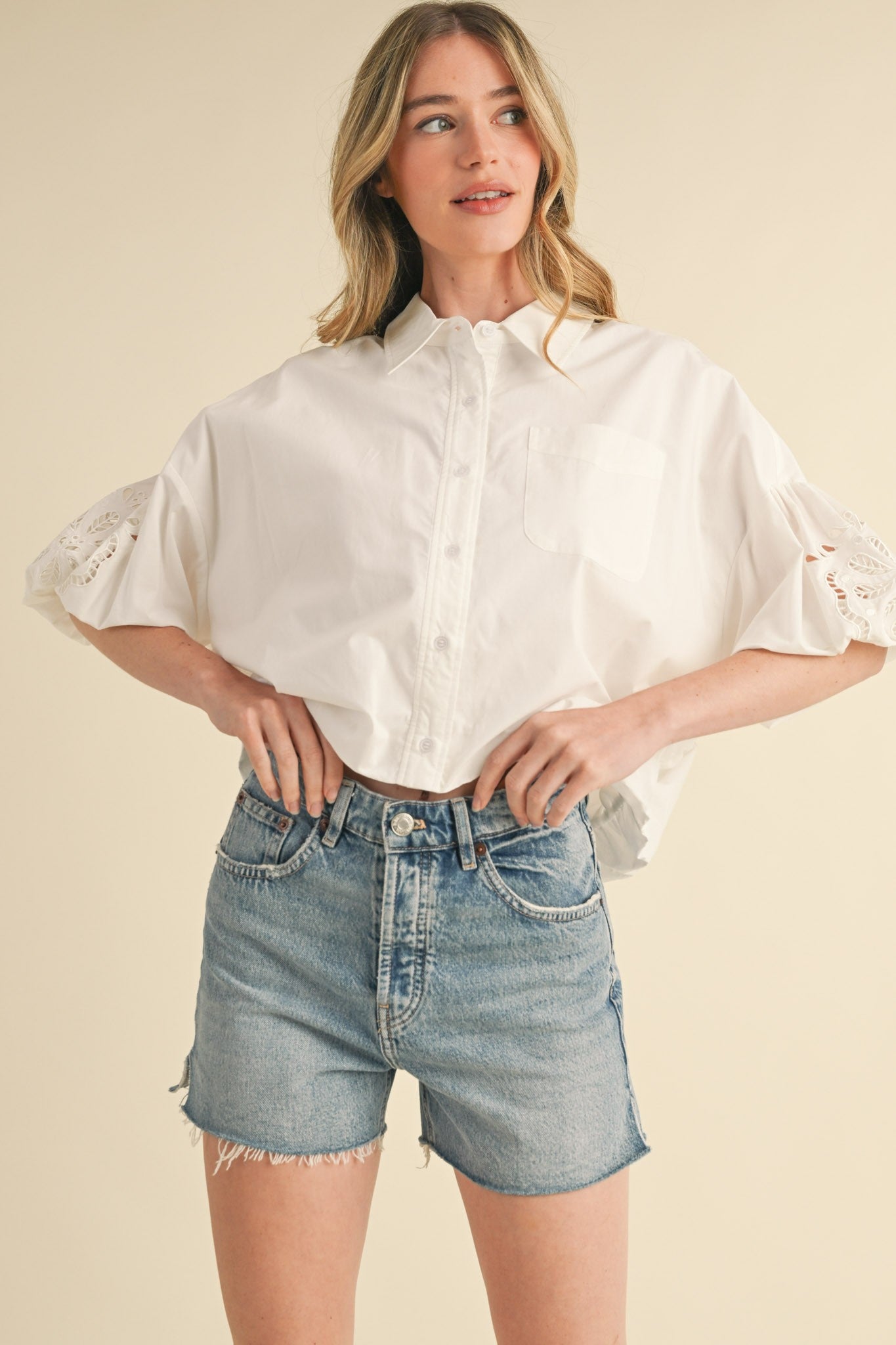 CUT OUT EMBROIDERED BUBBLE SLEEVE TOP