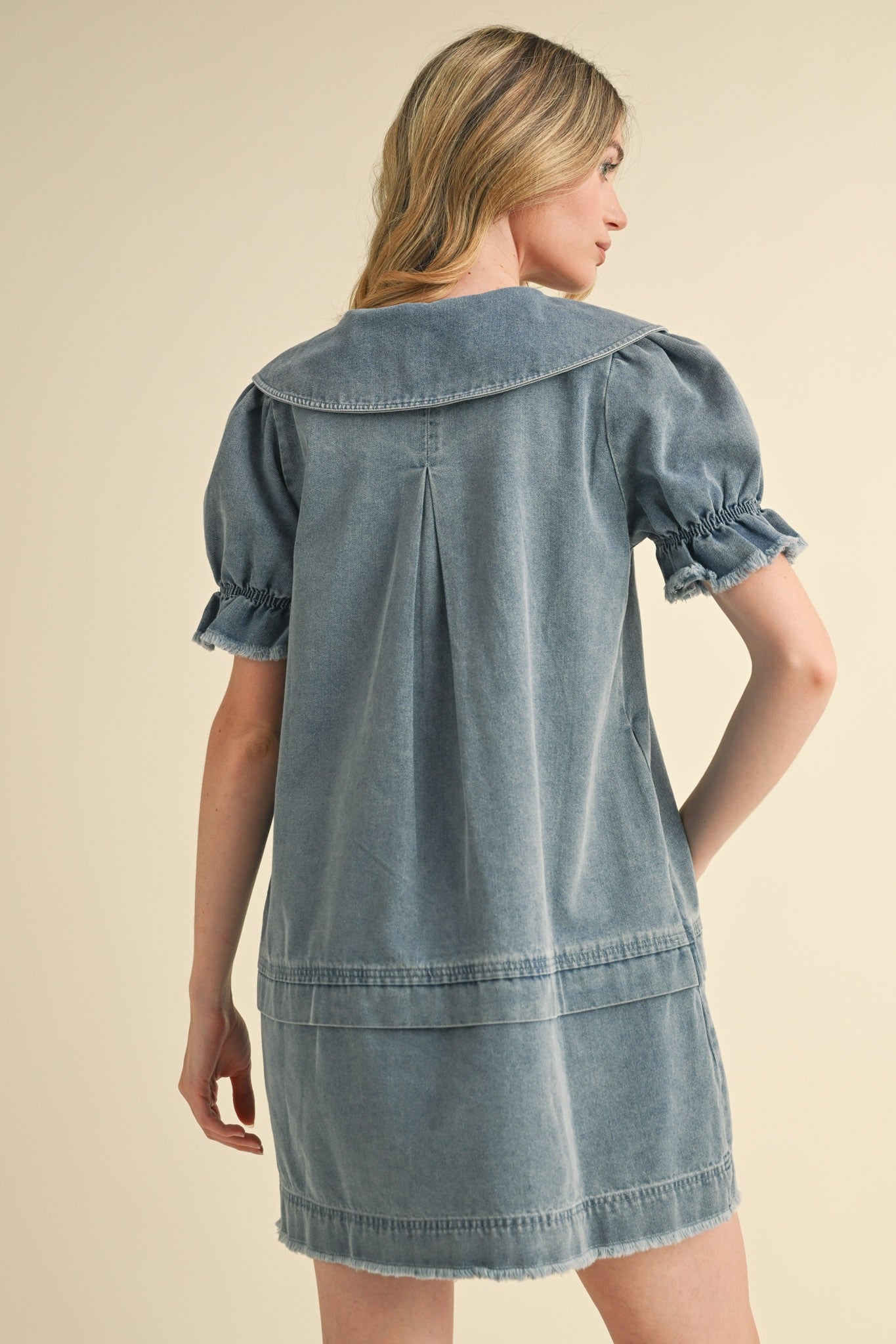 DENIM DOLL COLLAR BUTTON DOWN MINI DRESS