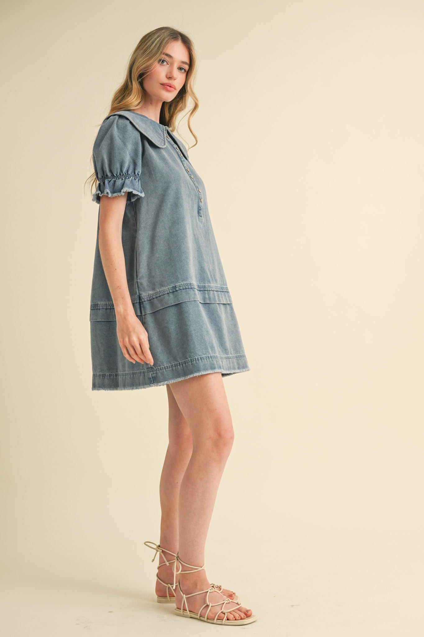 DENIM DOLL COLLAR BUTTON DOWN MINI DRESS