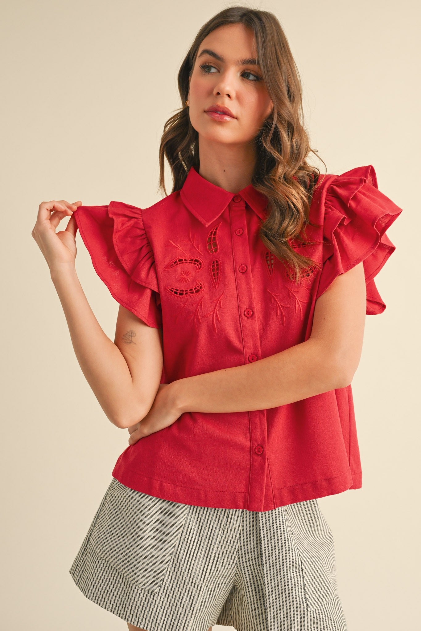 EMBROIDERED CUT OUT BUTTON DOWN TOP