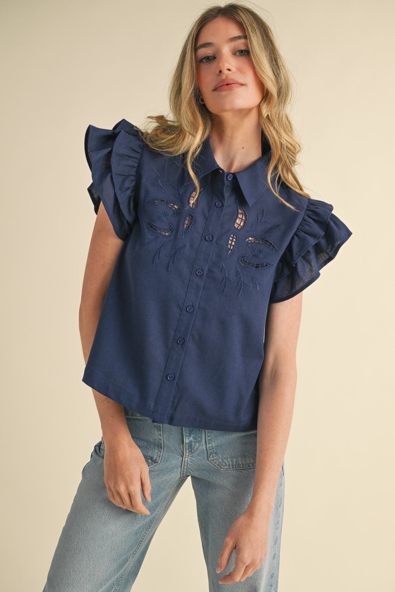 EMBROIDERED CUT OUT BUTTON DOWN TOP