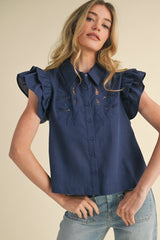 EMBROIDERED CUT OUT BUTTON DOWN TOP