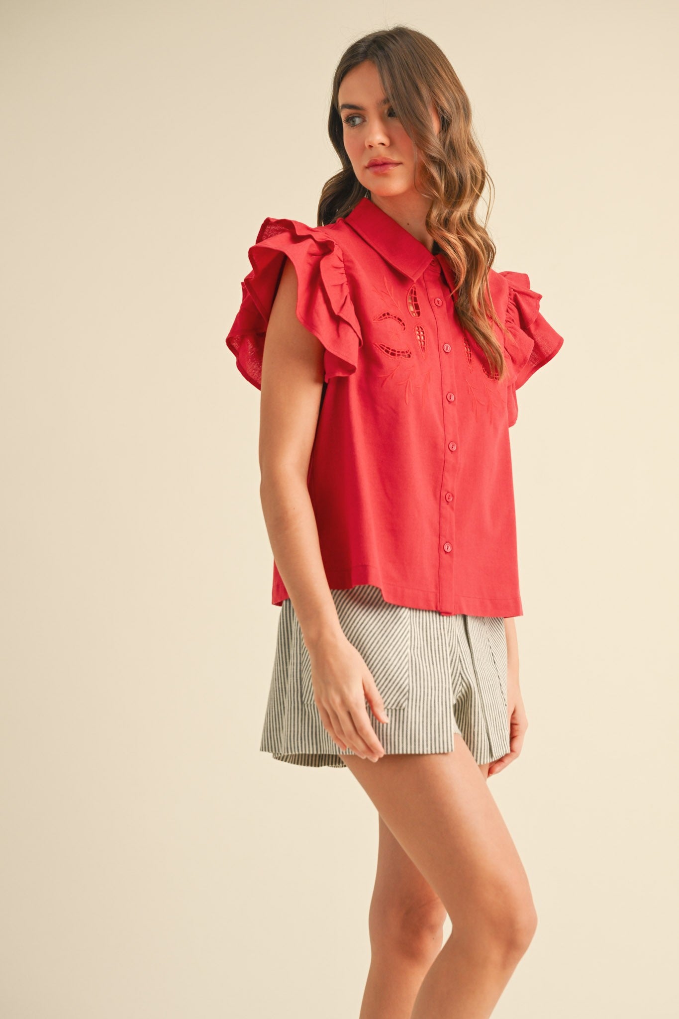 EMBROIDERED CUT OUT BUTTON DOWN TOP