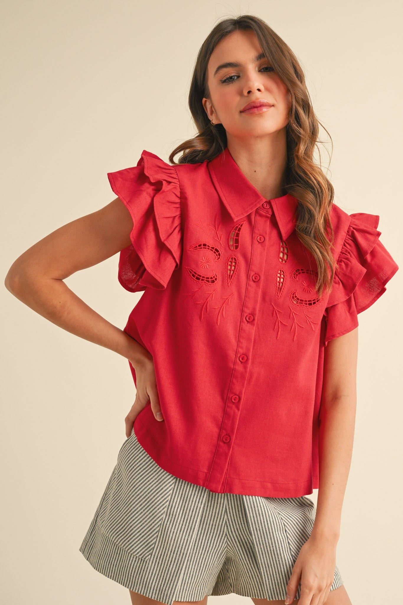 EMBROIDERED CUT OUT BUTTON DOWN TOP