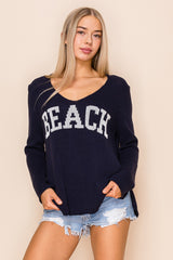 LIGHTWEIGHT BEACH SAYING KNIT V NECK SWEATER TOP