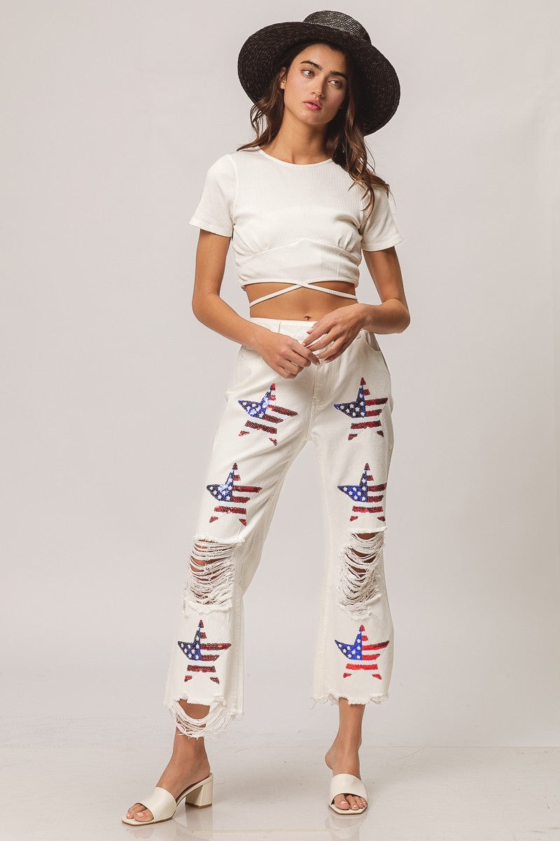 SEQUIN AMERICAN FLAG STAR PANTS