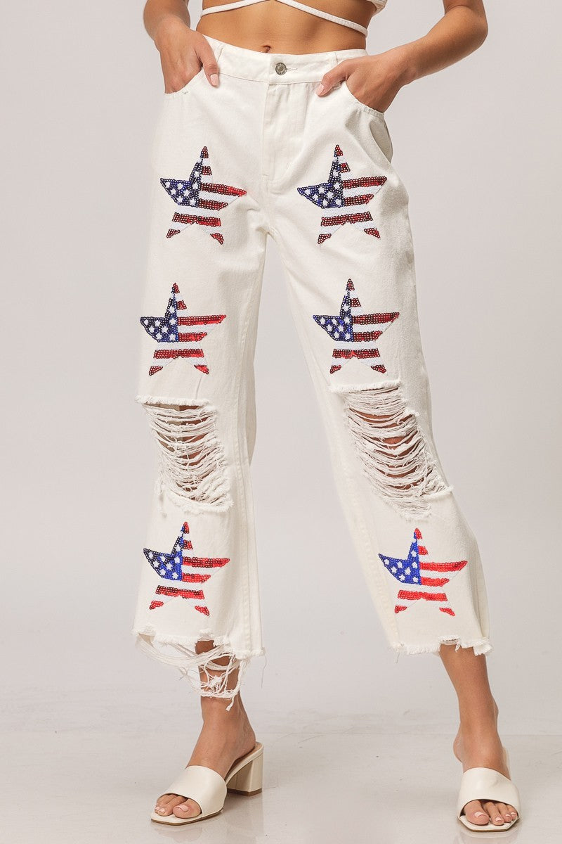 SEQUIN AMERICAN FLAG STAR PANTS